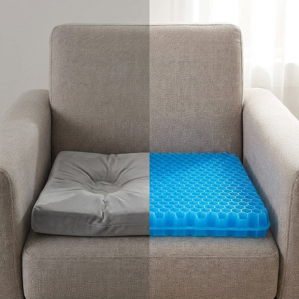 Flattened memory foam cushion beside the honeycomb gel seat cushion on the same armchair